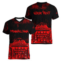 Personalized Pennsylvania Philadelphia Museum Of Art Women V-Neck T-Shirt Red Grunge Paint Splatter Graphic