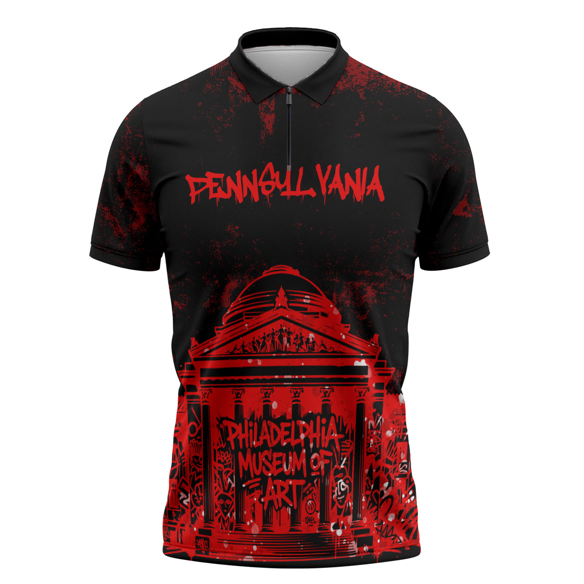 Personalized Pennsylvania Philadelphia Museum Of Art Zipper Polo Shirt Red Grunge Paint Splatter Graphic