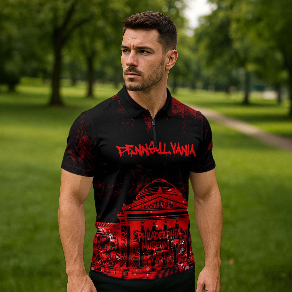 Personalized Pennsylvania Philadelphia Museum Of Art Zipper Polo Shirt Red Grunge Paint Splatter Graphic