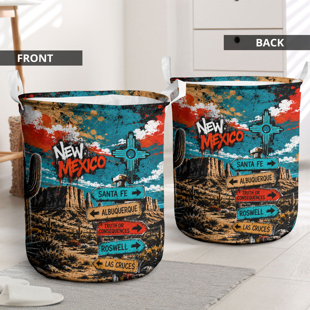 New Mexico Desert Road Sign Laundry Basket Zia Symbol Grunge Paint Splatter Travel Graphic