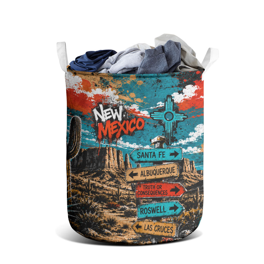 New Mexico Desert Road Sign Laundry Basket Zia Symbol Grunge Paint Splatter Travel Graphic