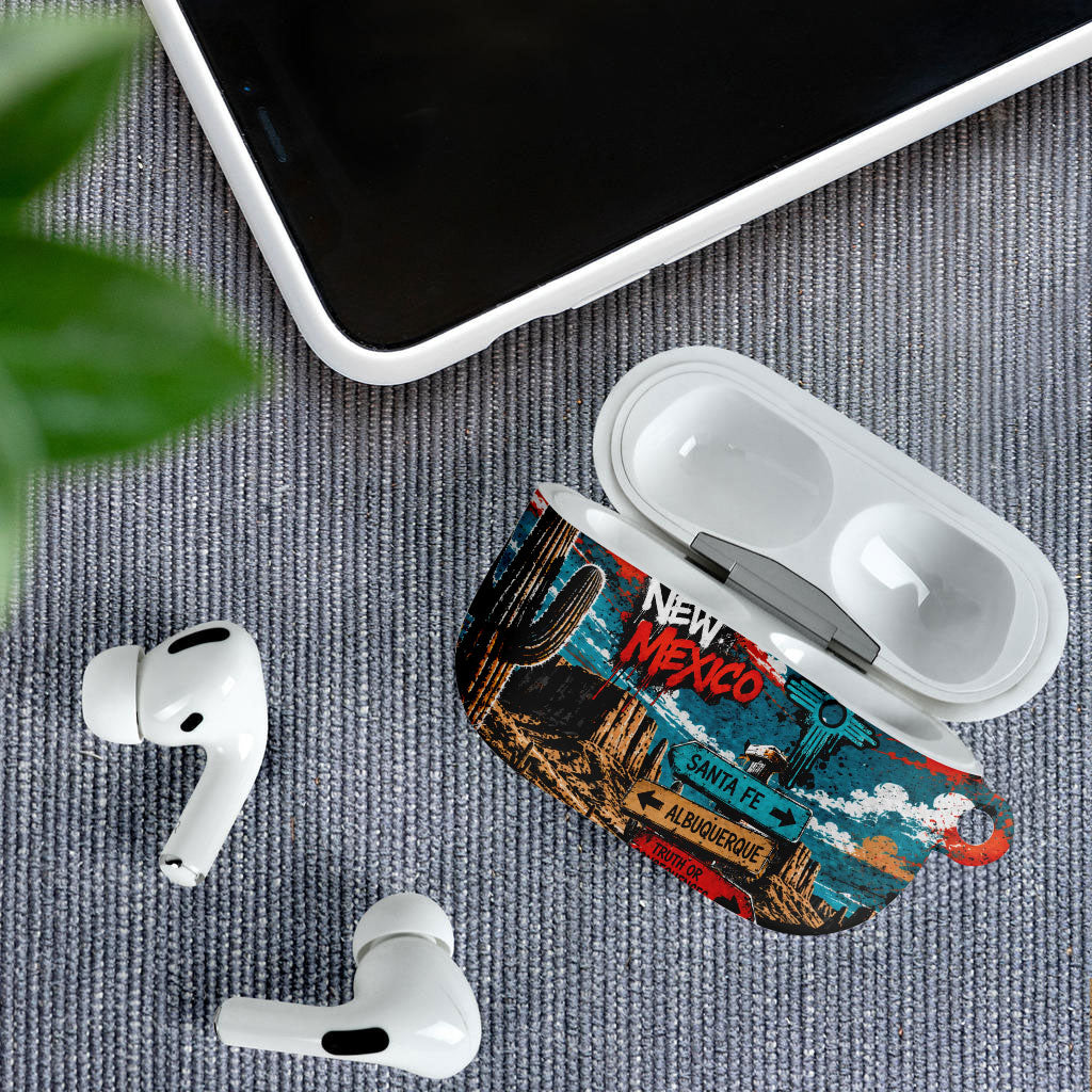New Mexico Desert Road Sign AirPods Case Zia Symbol Grunge Paint Splatter Travel Graphic