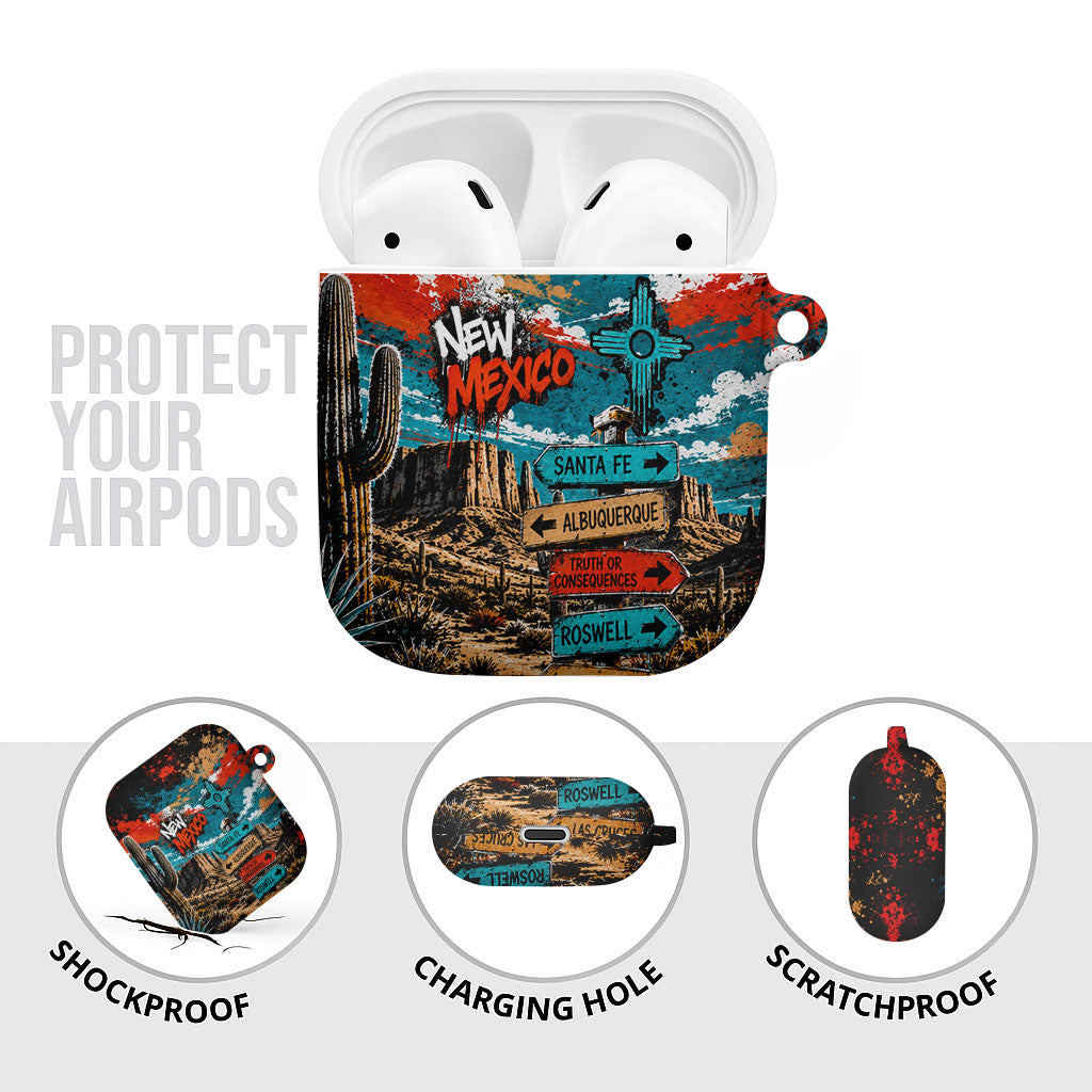 New Mexico Desert Road Sign AirPods Case Zia Symbol Grunge Paint Splatter Travel Graphic