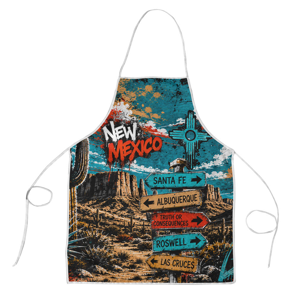 New Mexico Desert Road Sign Apron Zia Symbol Grunge Paint Splatter Travel Graphic