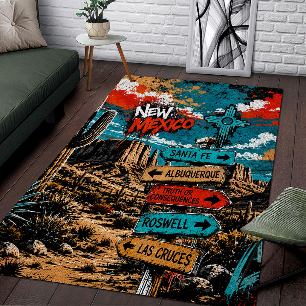 New Mexico Desert Road Sign Area Rug Zia Symbol Grunge Paint Splatter Travel Graphic
