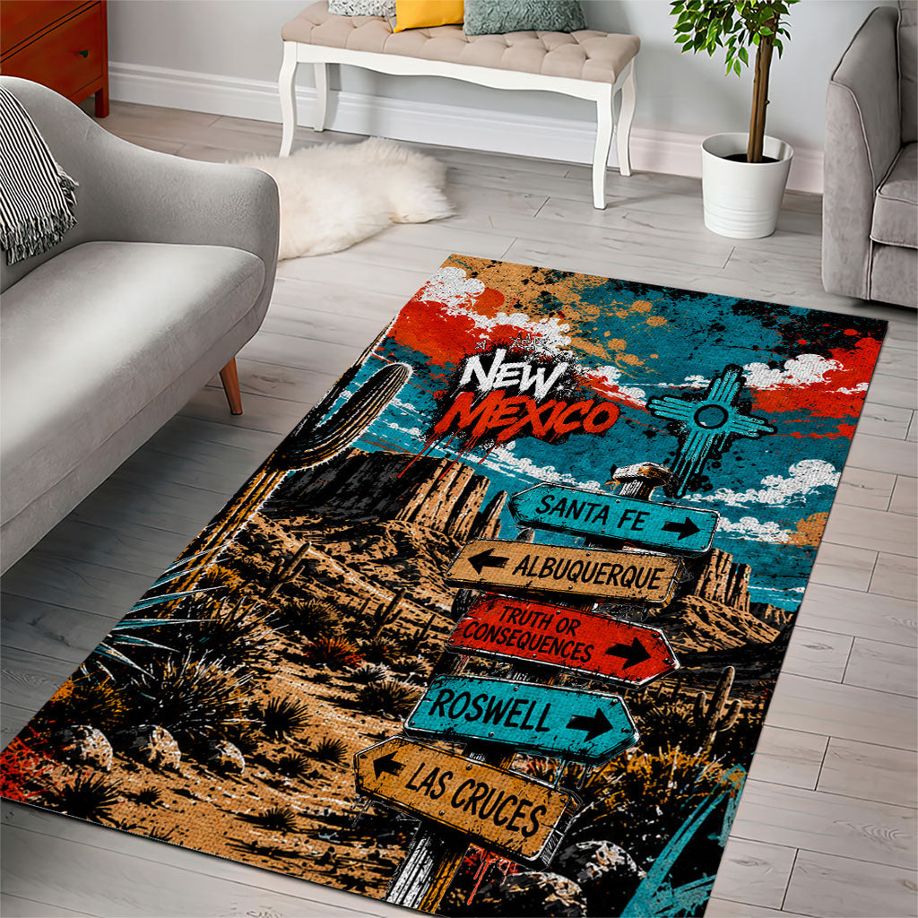 New Mexico Desert Road Sign Area Rug Zia Symbol Grunge Paint Splatter Travel Graphic