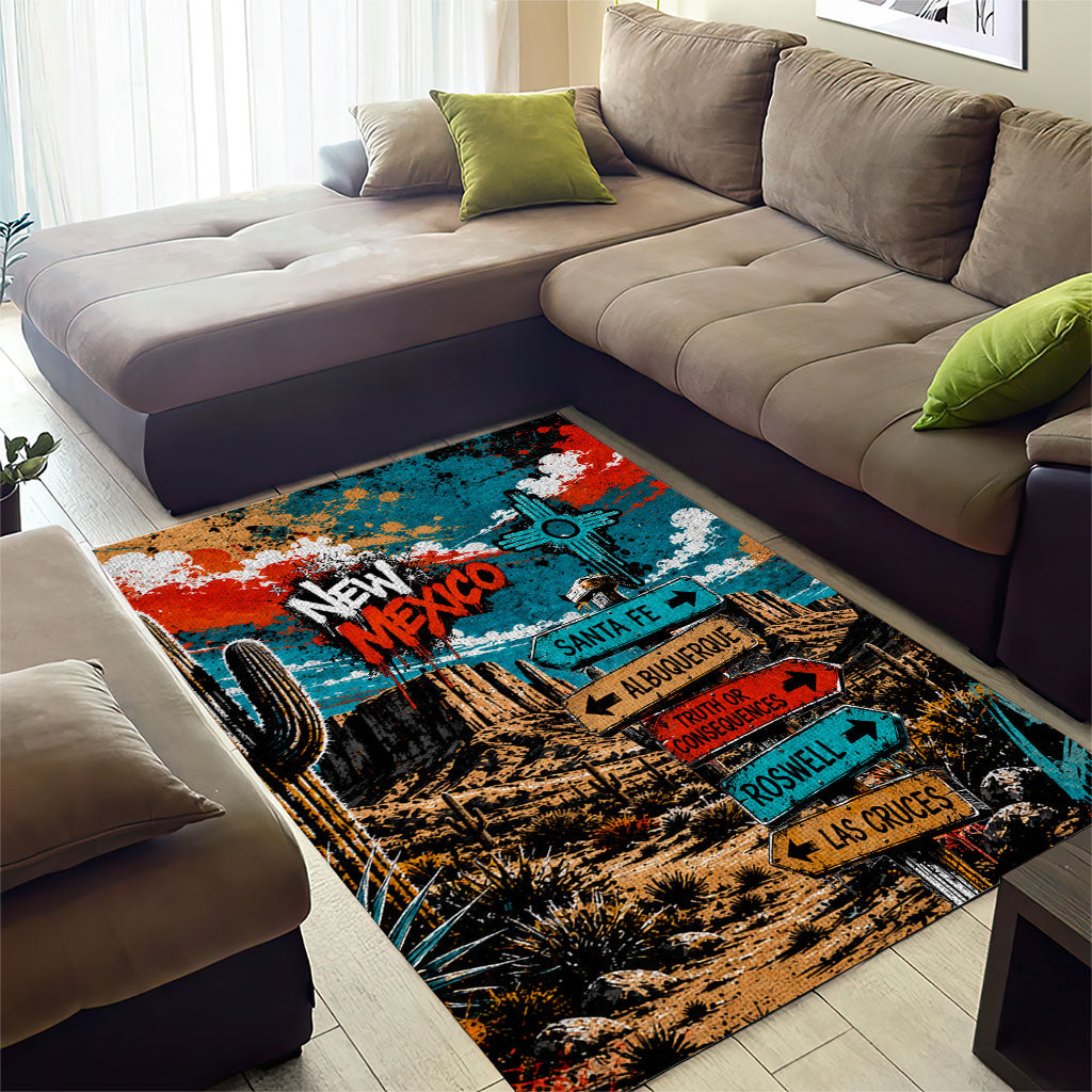 New Mexico Desert Road Sign Area Rug Zia Symbol Grunge Paint Splatter Travel Graphic