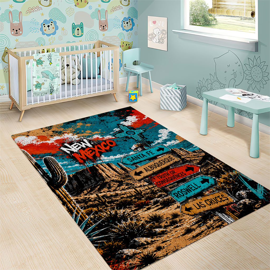 New Mexico Desert Road Sign Area Rug Zia Symbol Grunge Paint Splatter Travel Graphic