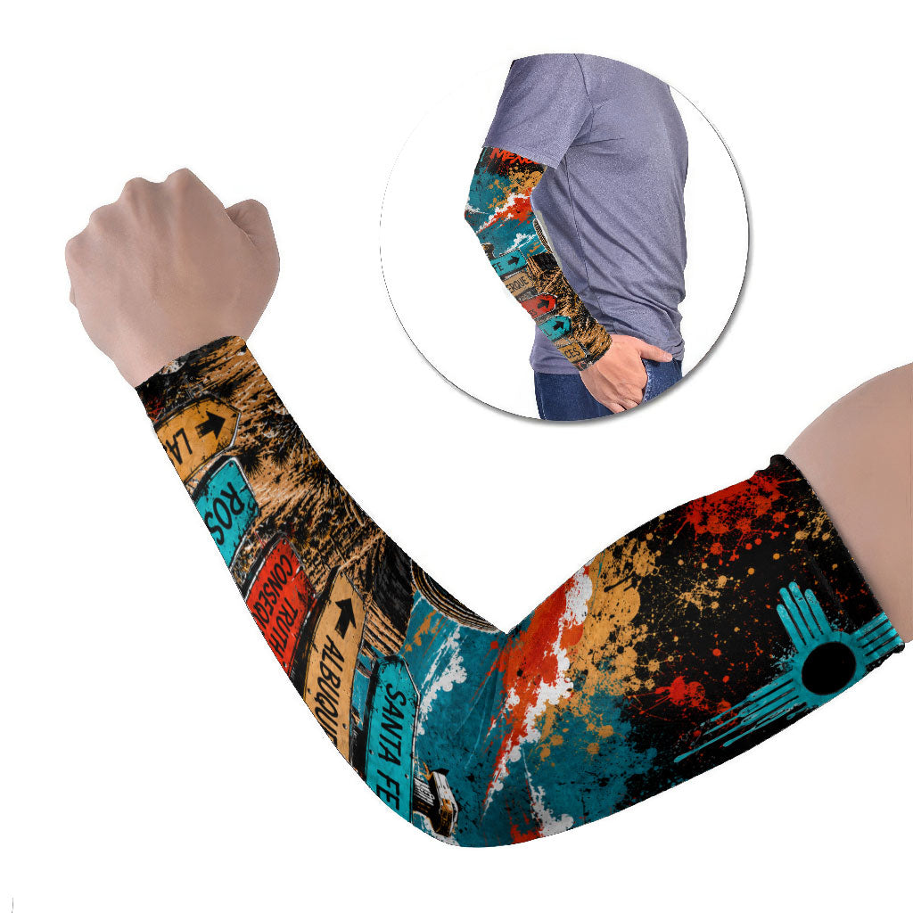 New Mexico Desert Road Sign Arm Sleeves Zia Symbol Grunge Paint Splatter Travel Graphic