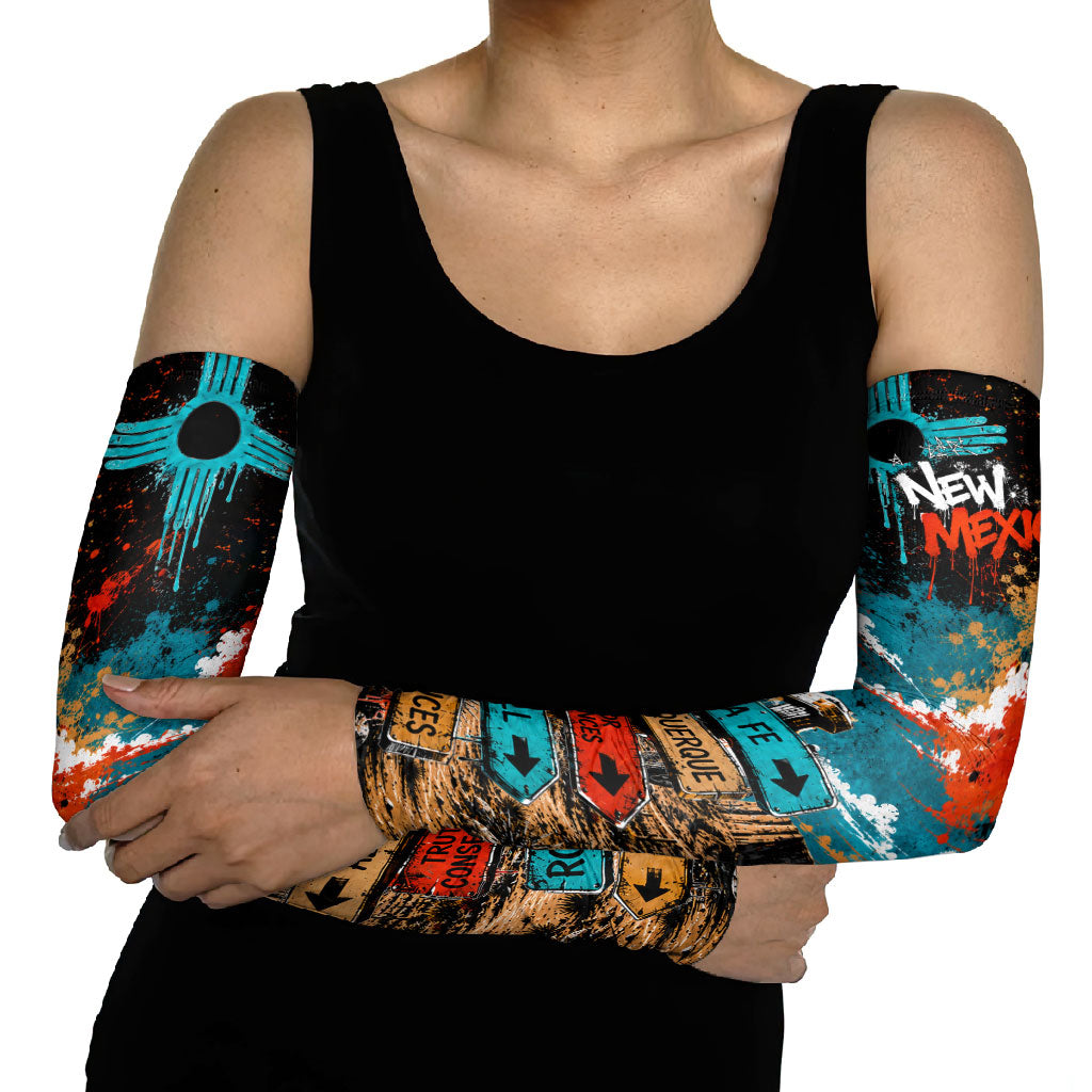 New Mexico Desert Road Sign Arm Sleeves Zia Symbol Grunge Paint Splatter Travel Graphic