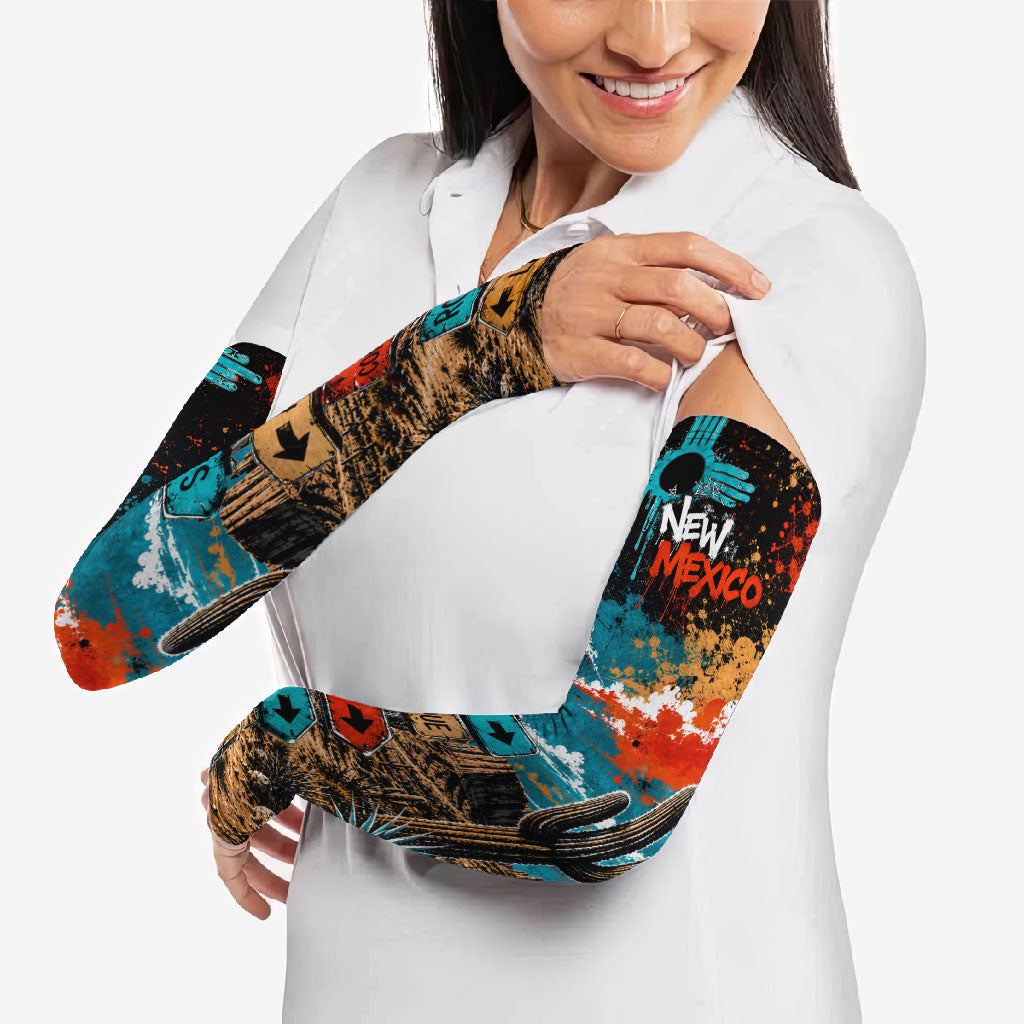 New Mexico Desert Road Sign Arm Sleeves Zia Symbol Grunge Paint Splatter Travel Graphic