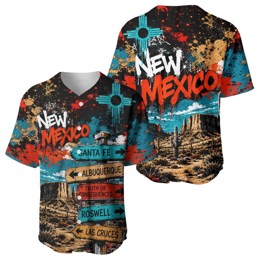 New Mexico Desert Road Sign Baseball Jersey Zia Symbol Grunge Paint Splatter Travel Graphic