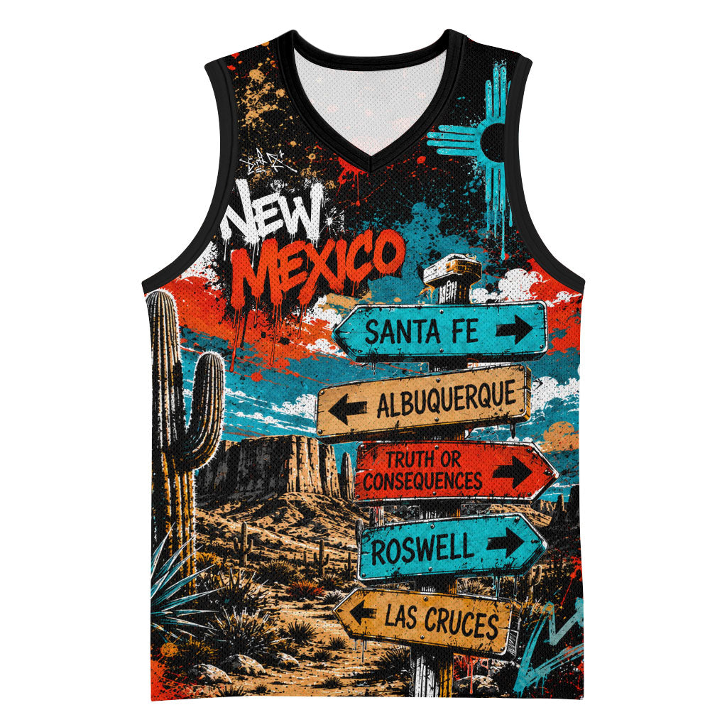 New Mexico Desert Road Sign Basketball Jersey Zia Symbol Grunge Paint Splatter Travel Graphic