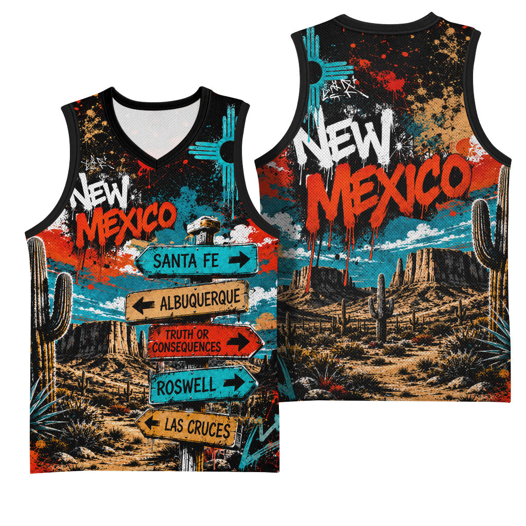 New Mexico Desert Road Sign Basketball Jersey Zia Symbol Grunge Paint Splatter Travel Graphic