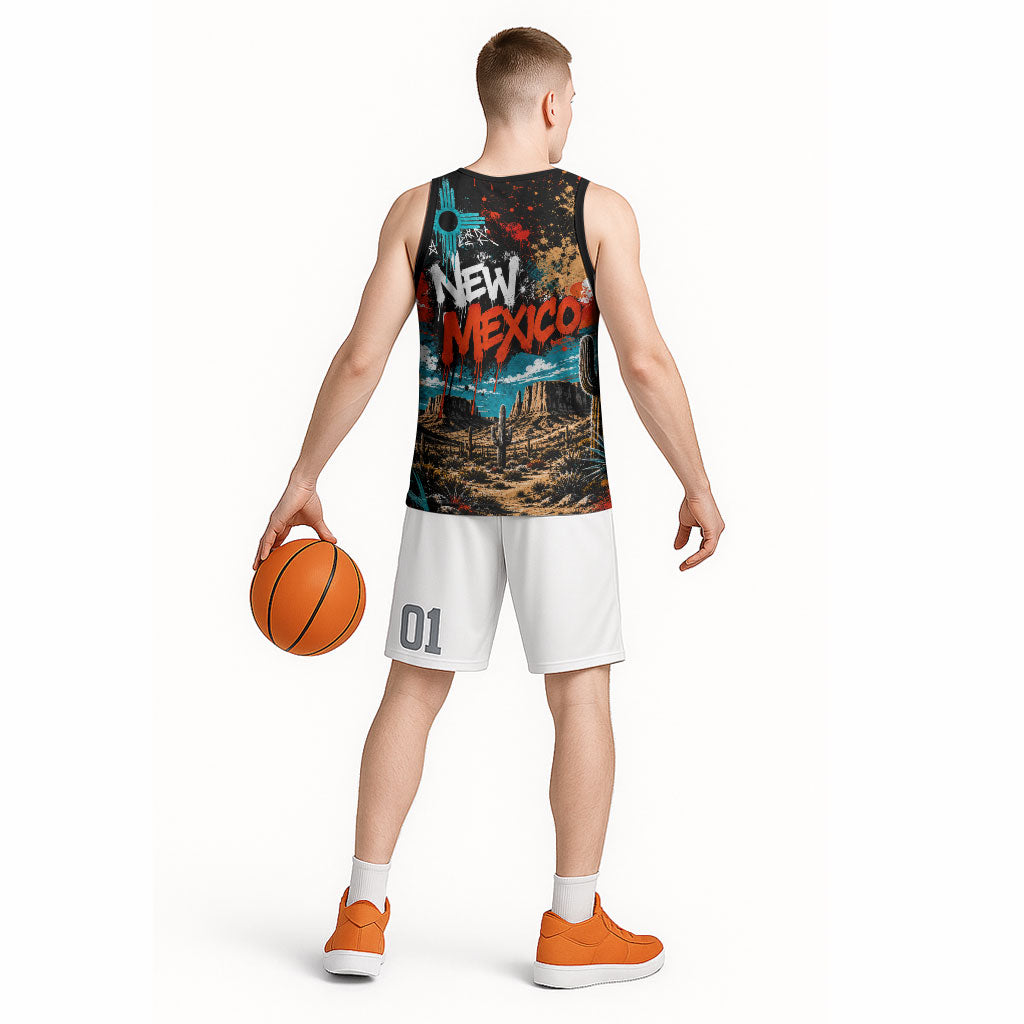 New Mexico Desert Road Sign Basketball Jersey Zia Symbol Grunge Paint Splatter Travel Graphic