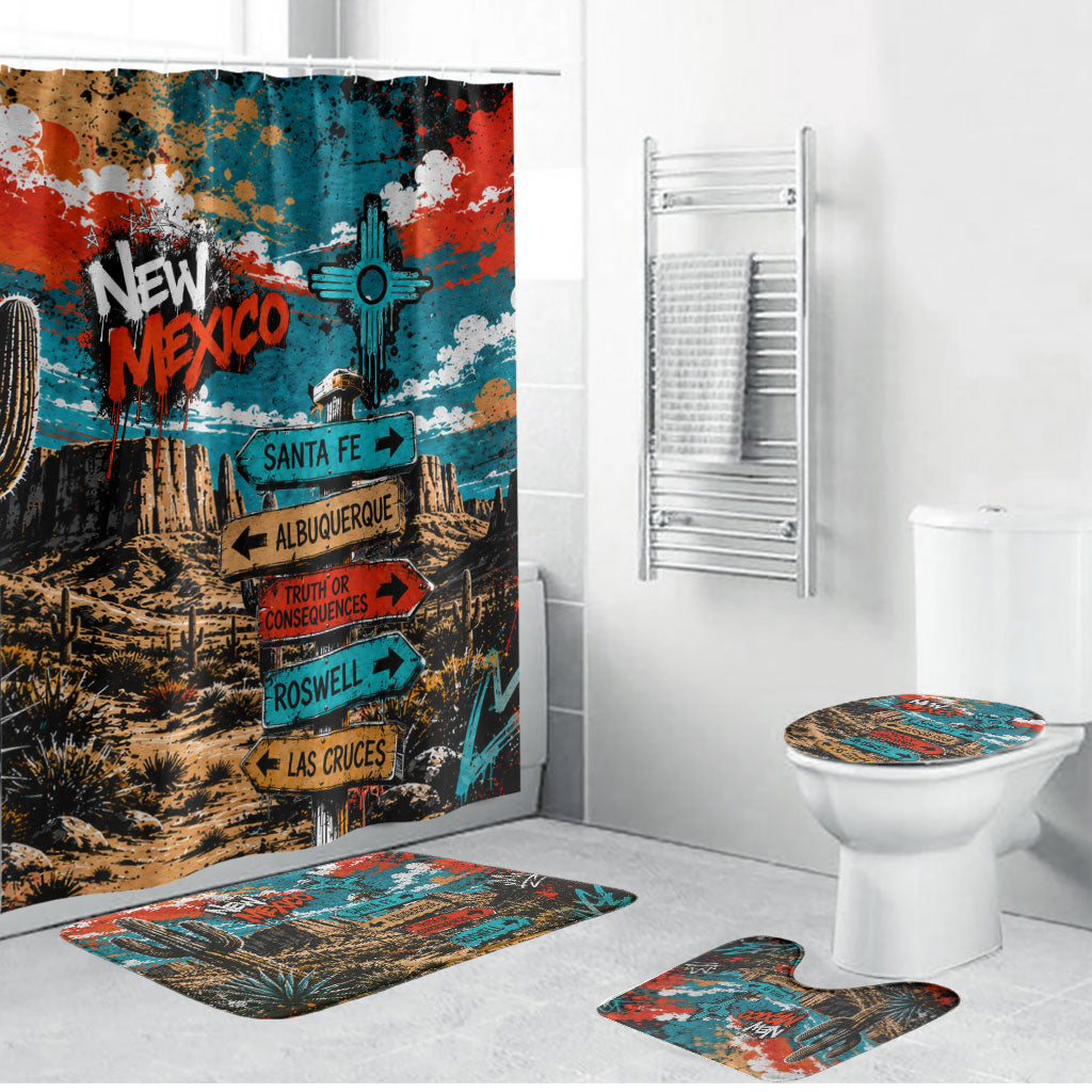 New Mexico Desert Road Sign Bathroom Set Zia Symbol Grunge Paint Splatter Travel Graphic