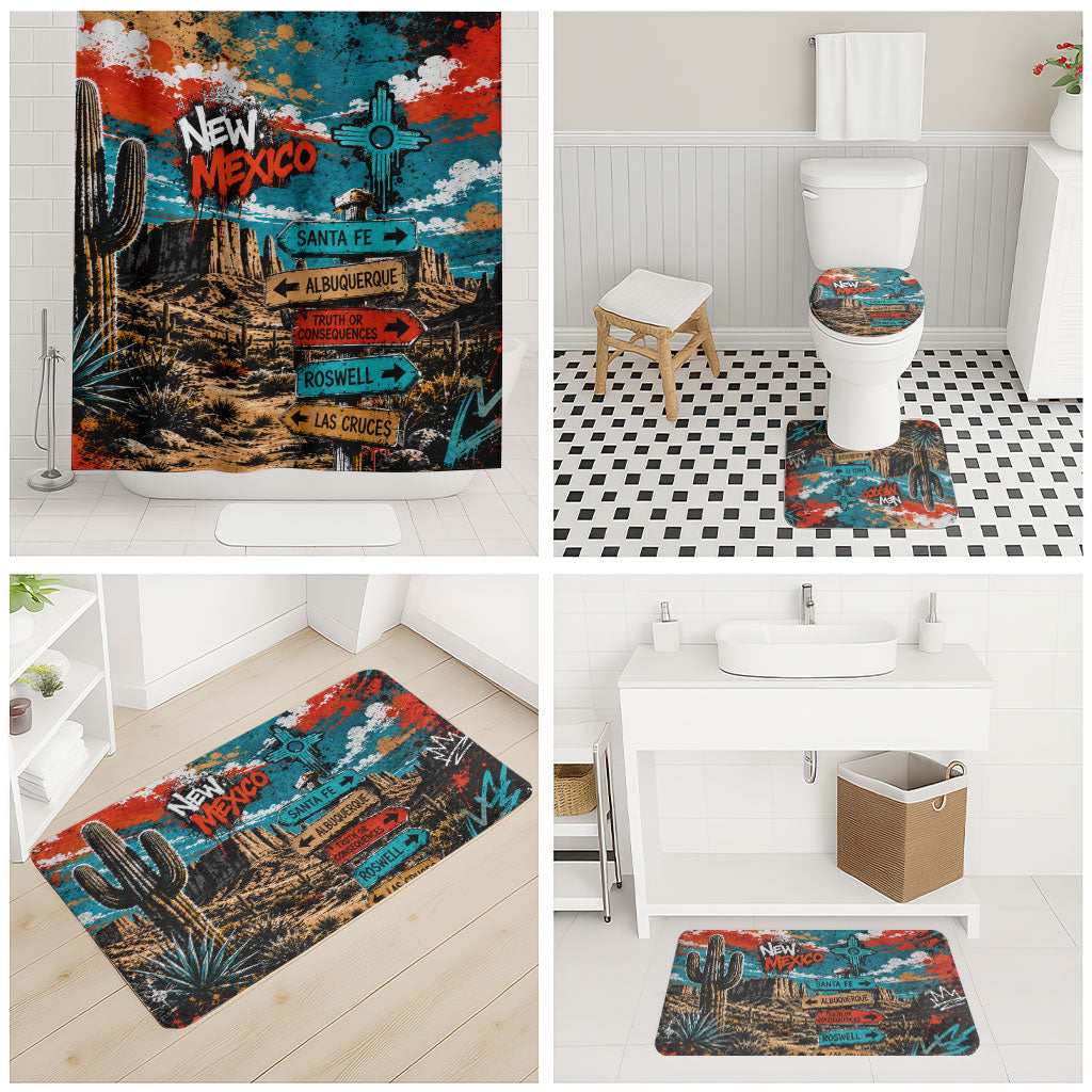 New Mexico Desert Road Sign Bathroom Set Zia Symbol Grunge Paint Splatter Travel Graphic
