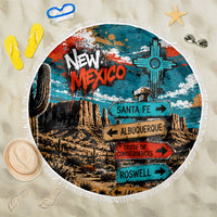 New Mexico Desert Road Sign Beach Blanket Zia Symbol Grunge Paint Splatter Travel Graphic