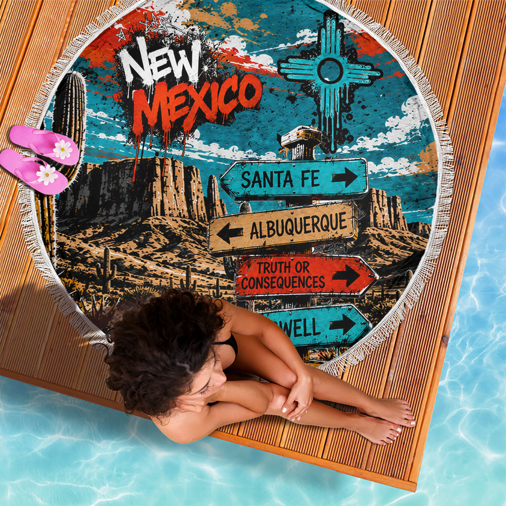 New Mexico Desert Road Sign Beach Blanket Zia Symbol Grunge Paint Splatter Travel Graphic