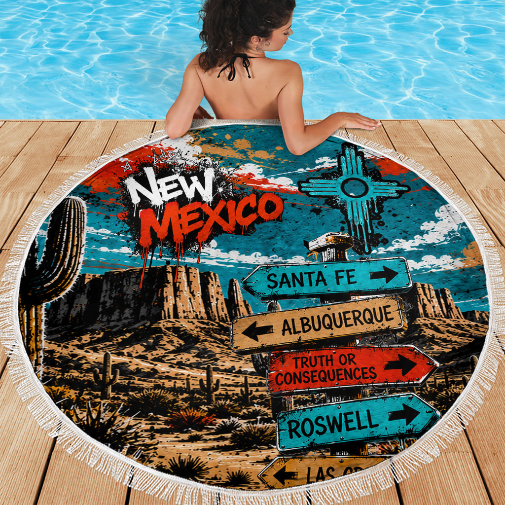 New Mexico Desert Road Sign Beach Blanket Zia Symbol Grunge Paint Splatter Travel Graphic