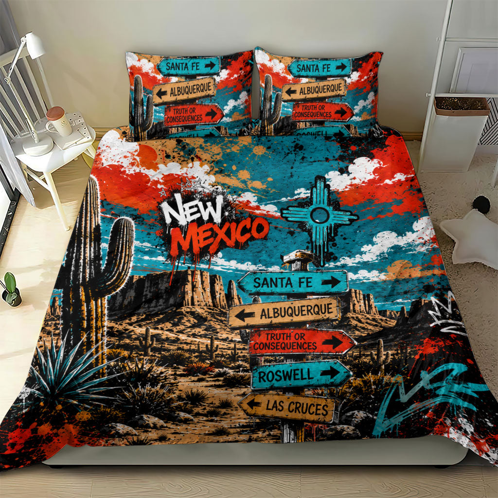 New Mexico Desert Road Sign Bedding Set Zia Symbol Grunge Paint Splatter Travel Graphic