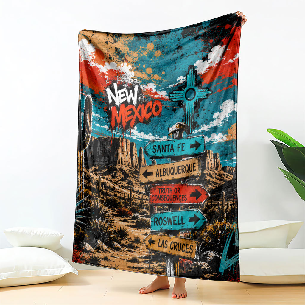 New Mexico Desert Road Sign Blanket Zia Symbol Grunge Paint Splatter Travel Graphic