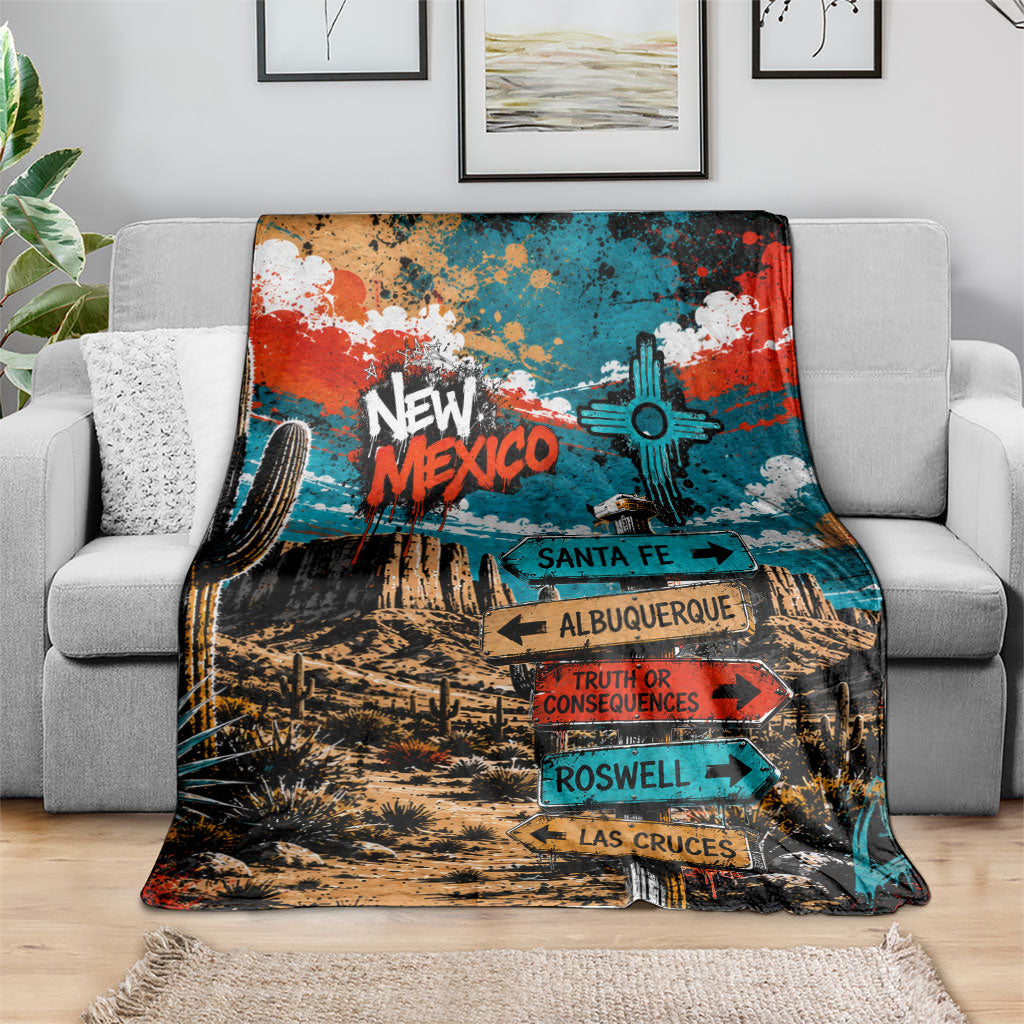 New Mexico Desert Road Sign Blanket Zia Symbol Grunge Paint Splatter Travel Graphic