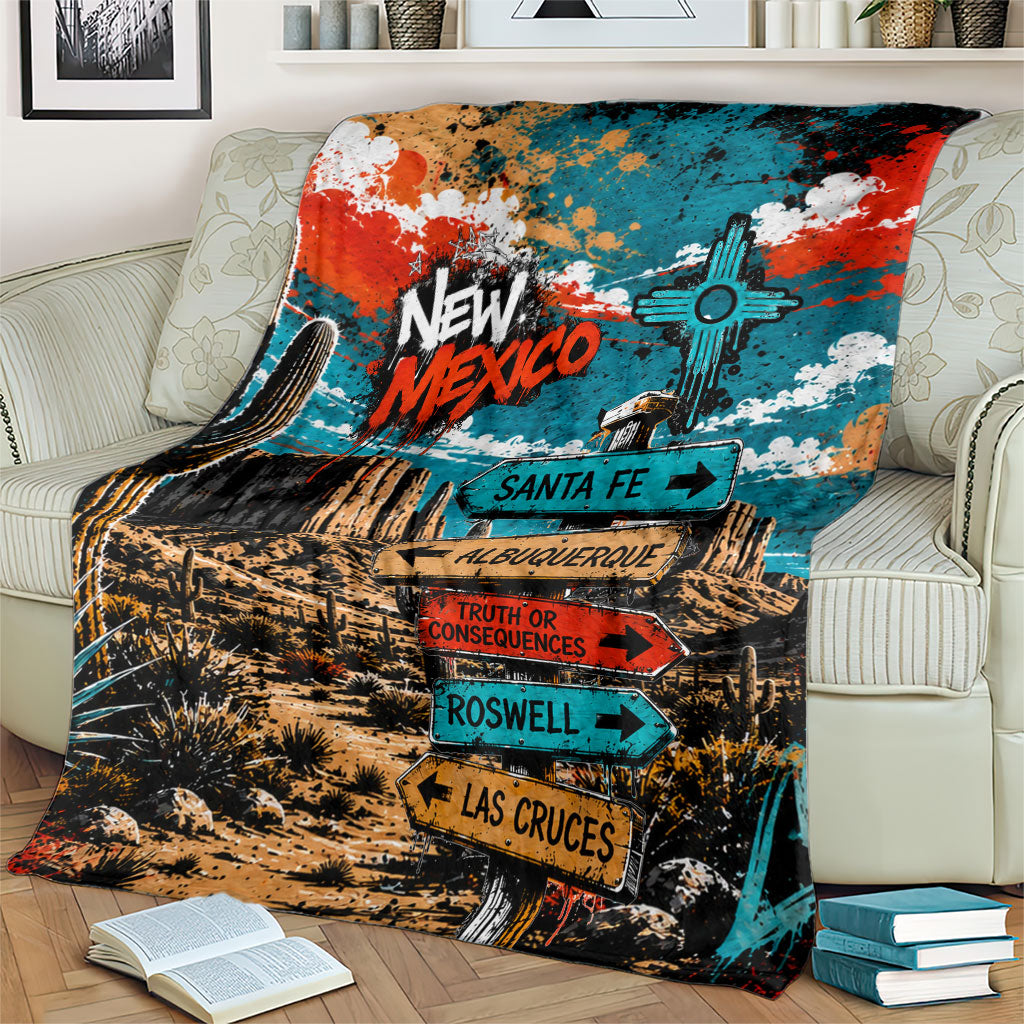 New Mexico Desert Road Sign Blanket Zia Symbol Grunge Paint Splatter Travel Graphic