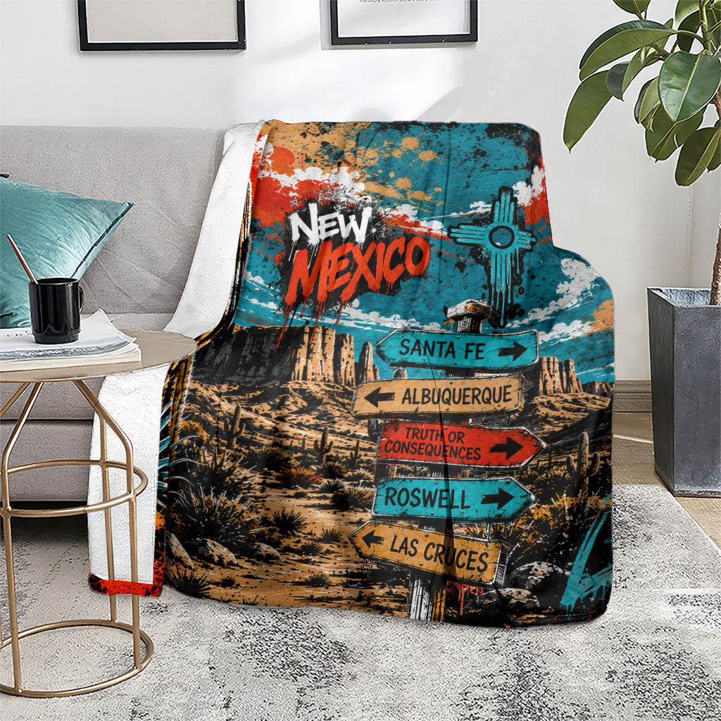 New Mexico Desert Road Sign Blanket Zia Symbol Grunge Paint Splatter Travel Graphic