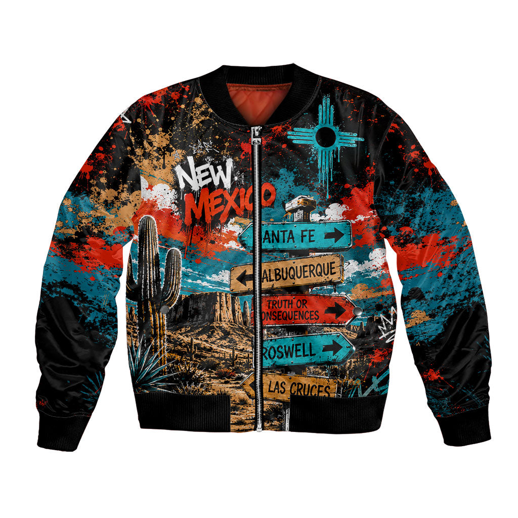 New Mexico Desert Road Sign Bomber Jacket Zia Symbol Grunge Paint Splatter Travel Graphic