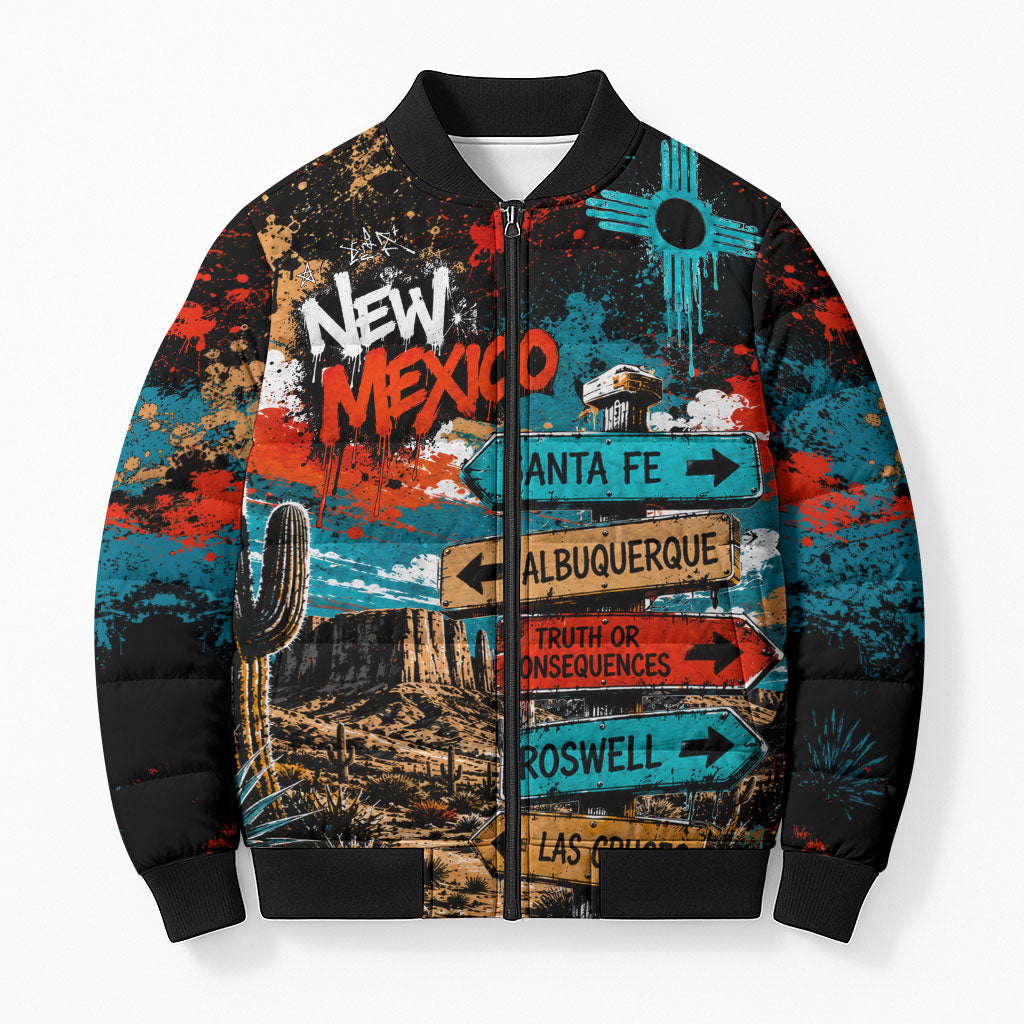 New Mexico Desert Road Sign Bomber Puffer Jacket Zia Symbol Grunge Paint Splatter Travel Graphic