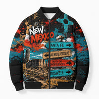 New Mexico Desert Road Sign Bomber Puffer Jacket Zia Symbol Grunge Paint Splatter Travel Graphic