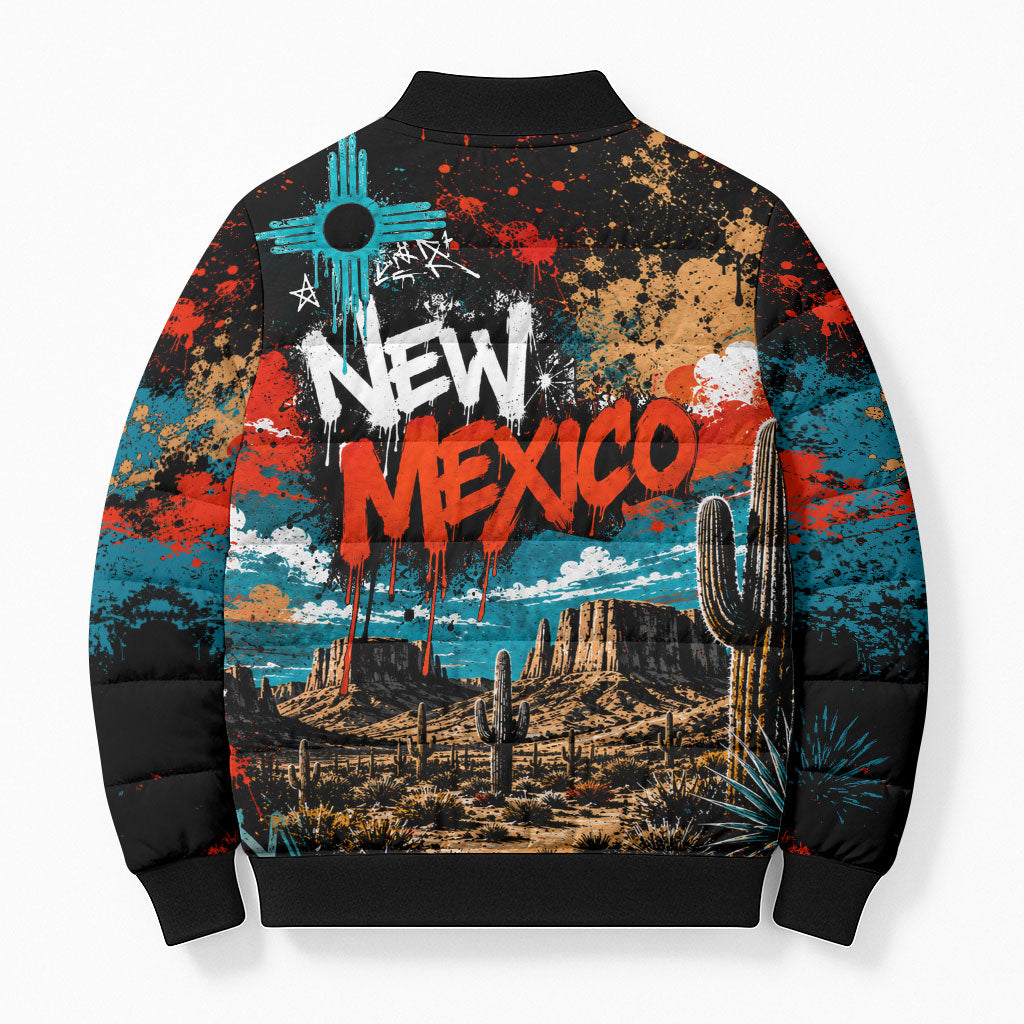 New Mexico Desert Road Sign Bomber Puffer Jacket Zia Symbol Grunge Paint Splatter Travel Graphic