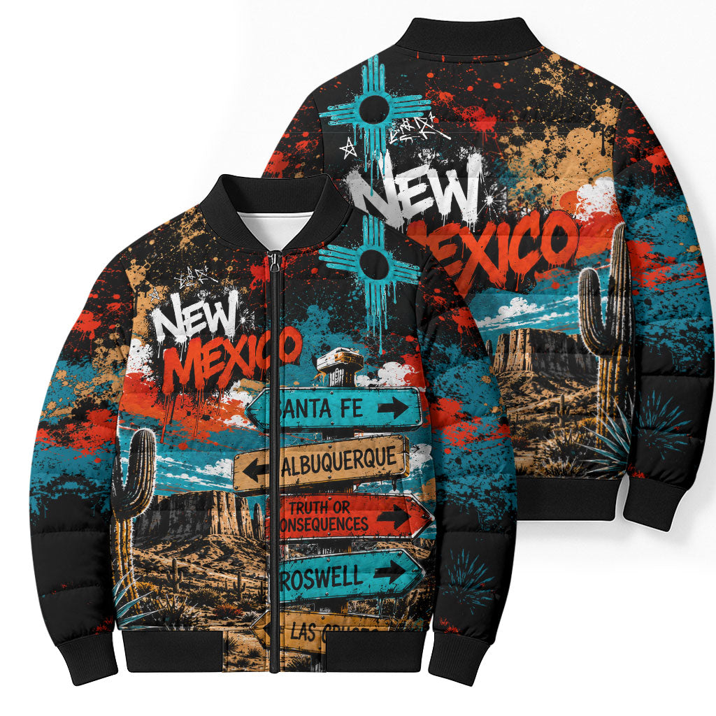 New Mexico Desert Road Sign Bomber Puffer Jacket Zia Symbol Grunge Paint Splatter Travel Graphic