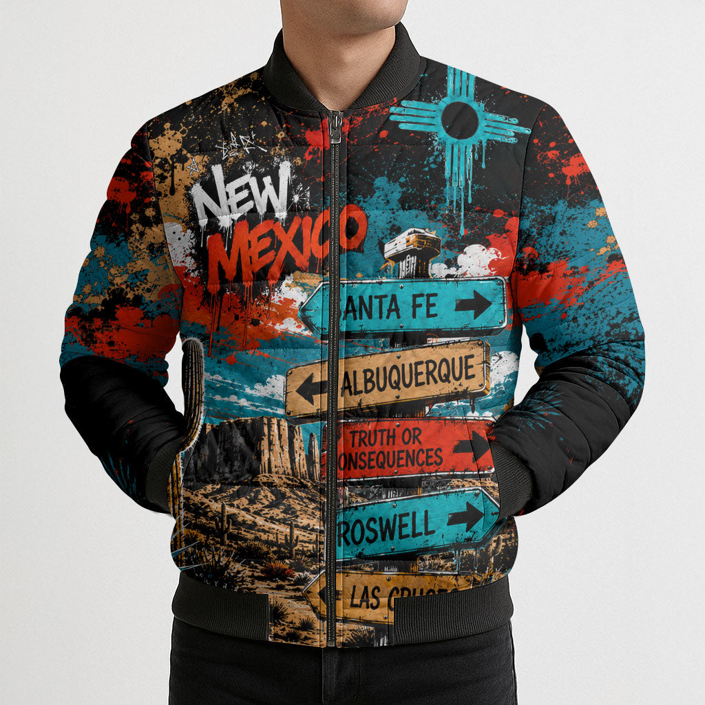 New Mexico Desert Road Sign Bomber Puffer Jacket Zia Symbol Grunge Paint Splatter Travel Graphic