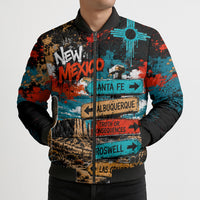New Mexico Desert Road Sign Bomber Puffer Jacket Zia Symbol Grunge Paint Splatter Travel Graphic