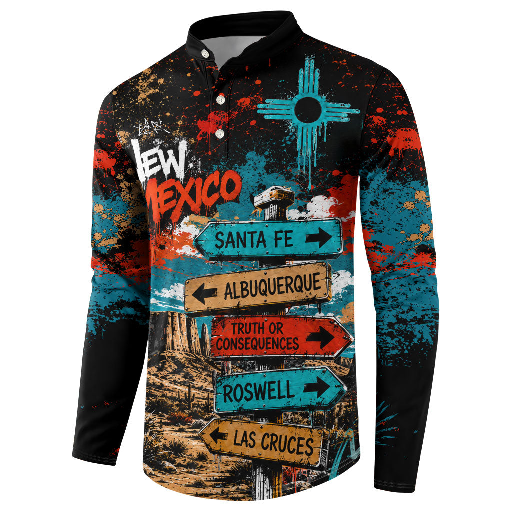 New Mexico Desert Road Sign Button Sweatshirt Zia Symbol Grunge Paint Splatter Travel Graphic