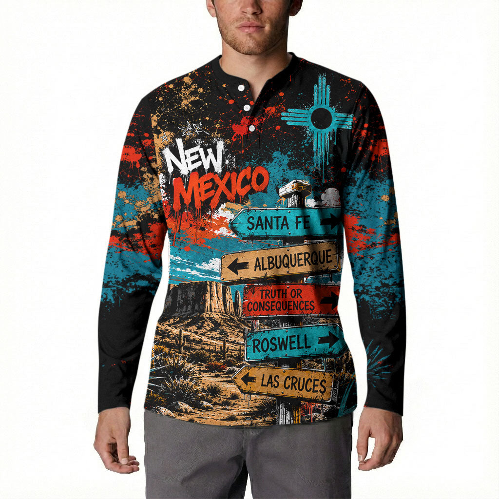 New Mexico Desert Road Sign Button Sweatshirt Zia Symbol Grunge Paint Splatter Travel Graphic