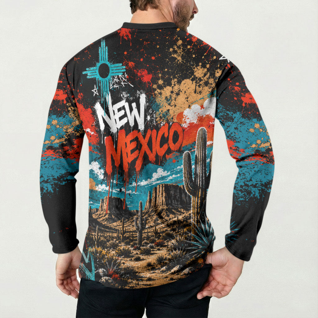 New Mexico Desert Road Sign Button Sweatshirt Zia Symbol Grunge Paint Splatter Travel Graphic