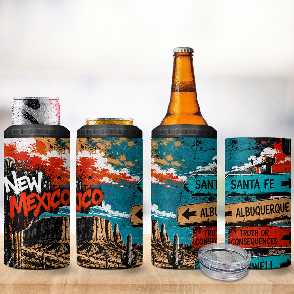 New Mexico Desert Road Sign 4 in 1 Can Cooler Tumbler Zia Symbol Grunge Paint Splatter Travel Graphic