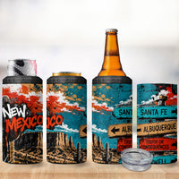 New Mexico Desert Road Sign 4 in 1 Can Cooler Tumbler Zia Symbol Grunge Paint Splatter Travel Graphic