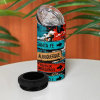 New Mexico Desert Road Sign 4 in 1 Can Cooler Tumbler Zia Symbol Grunge Paint Splatter Travel Graphic
