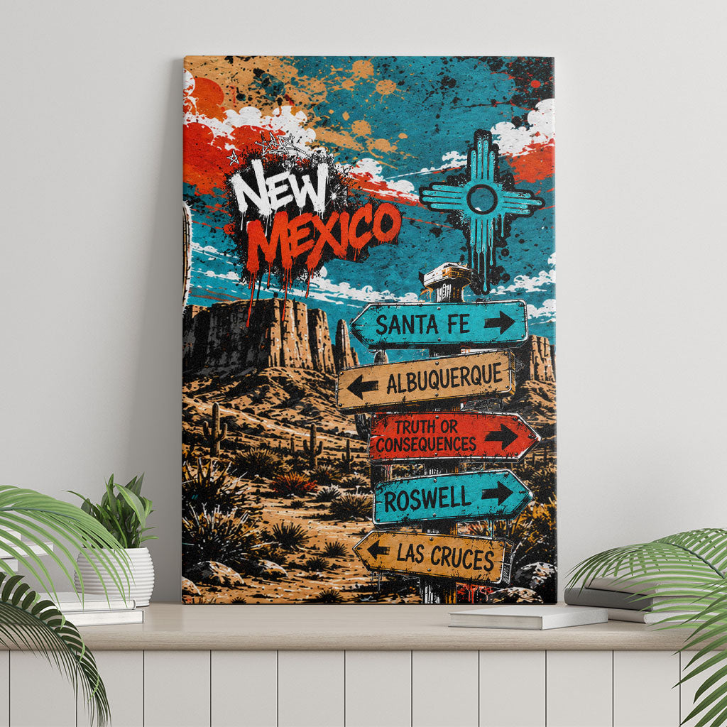 New Mexico Desert Road Sign Canvas Wall Art Zia Symbol Grunge Paint Splatter Travel Graphic