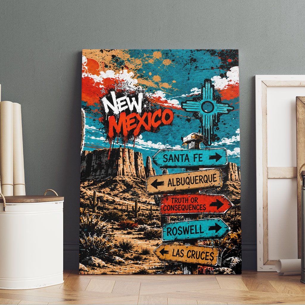 New Mexico Desert Road Sign Canvas Wall Art Zia Symbol Grunge Paint Splatter Travel Graphic