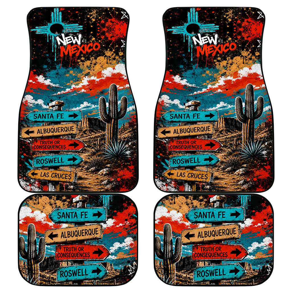 New Mexico Desert Road Sign Car Mats Zia Symbol Grunge Paint Splatter Travel Graphic