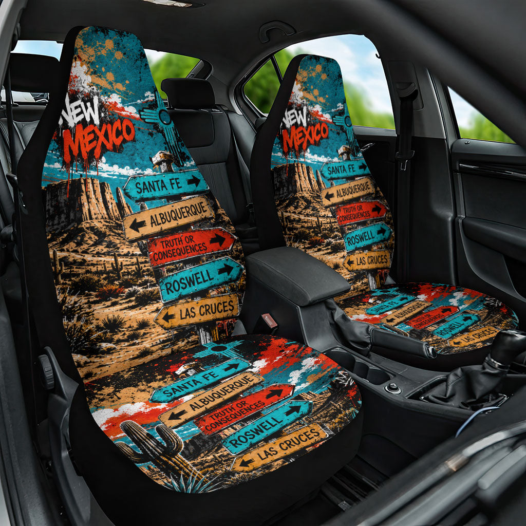 New Mexico Desert Road Sign Car Seat Cover Zia Symbol Grunge Paint Splatter Travel Graphic
