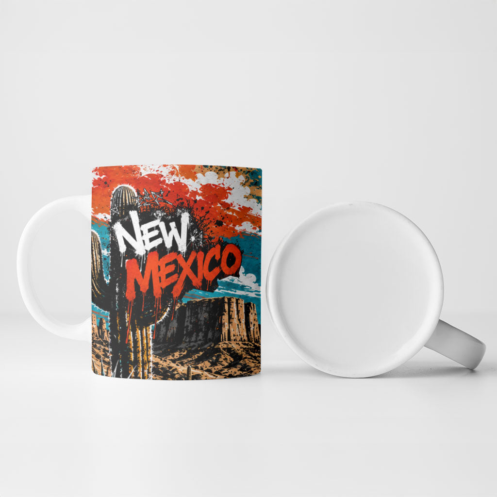 New Mexico Desert Road Sign Ceramic Mug Zia Symbol Grunge Paint Splatter Travel Graphic