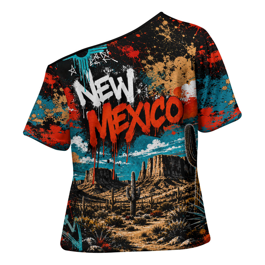 New Mexico Desert Road Sign Cross Shoulder Shirt Zia Symbol Grunge Paint Splatter Travel Graphic