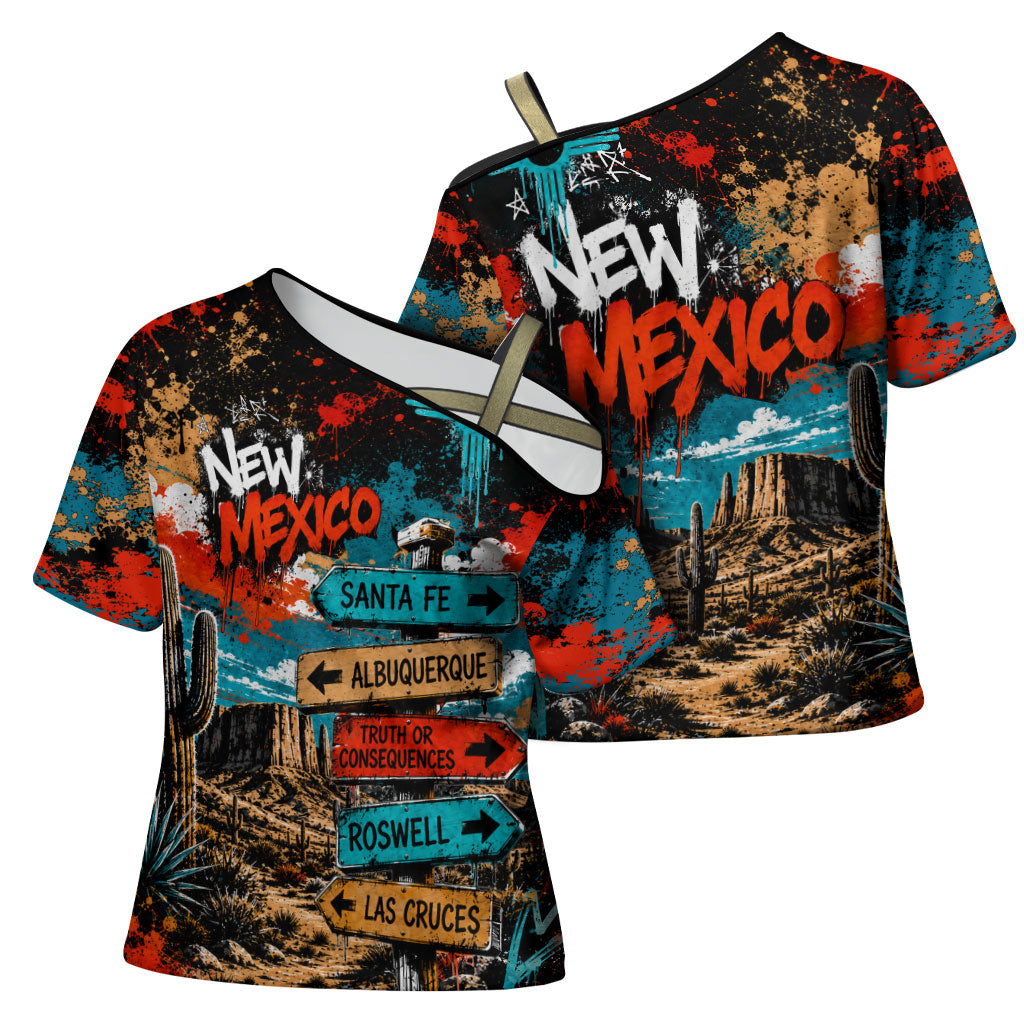 New Mexico Desert Road Sign Cross Shoulder Shirt Zia Symbol Grunge Paint Splatter Travel Graphic