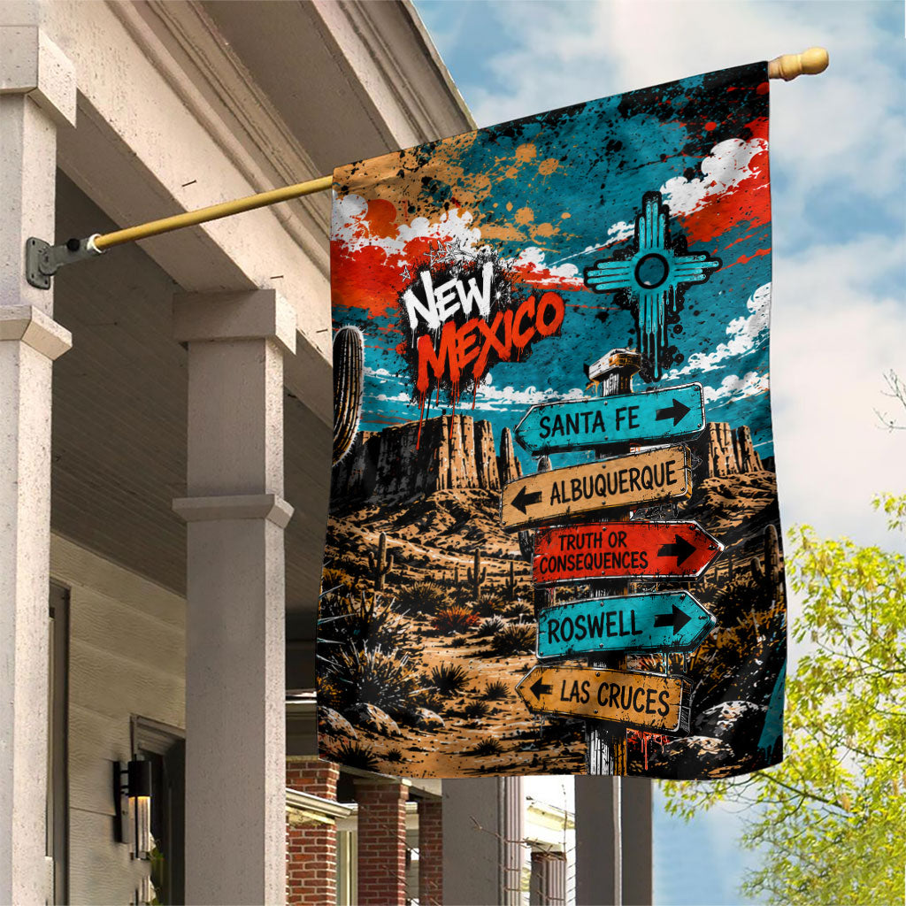 New Mexico Desert Road Sign Garden Flag Zia Symbol Grunge Paint Splatter Travel Graphic
